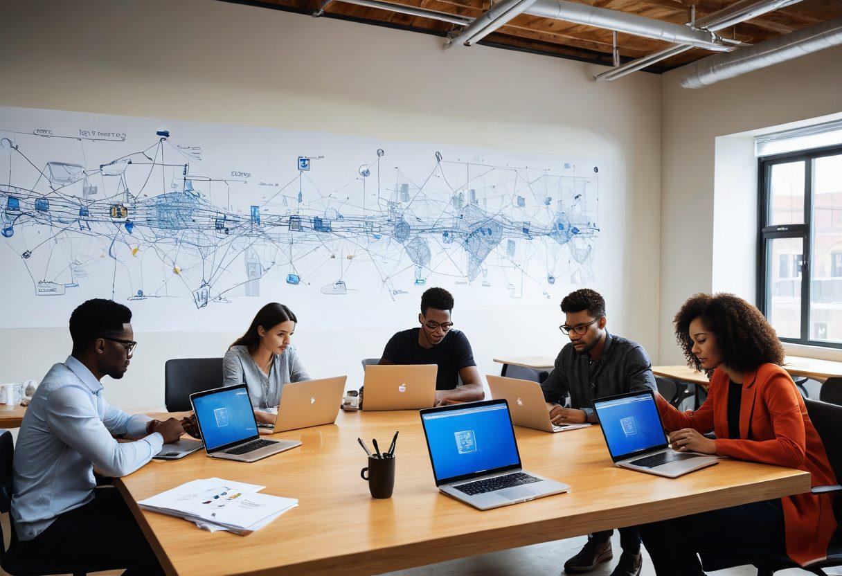 A vibrant illustration showcasing a diverse group of people collaborating in a modern workspace, exchanging ideas over a table filled with blueprints, laptops, and coffee cups. In the background, a wall of interconnected nodes symbolizing a network of support and development. The scene is infused with warm, inviting colors to evoke a sense of community and innovation. super-realistic. vibrant colors. modern design.