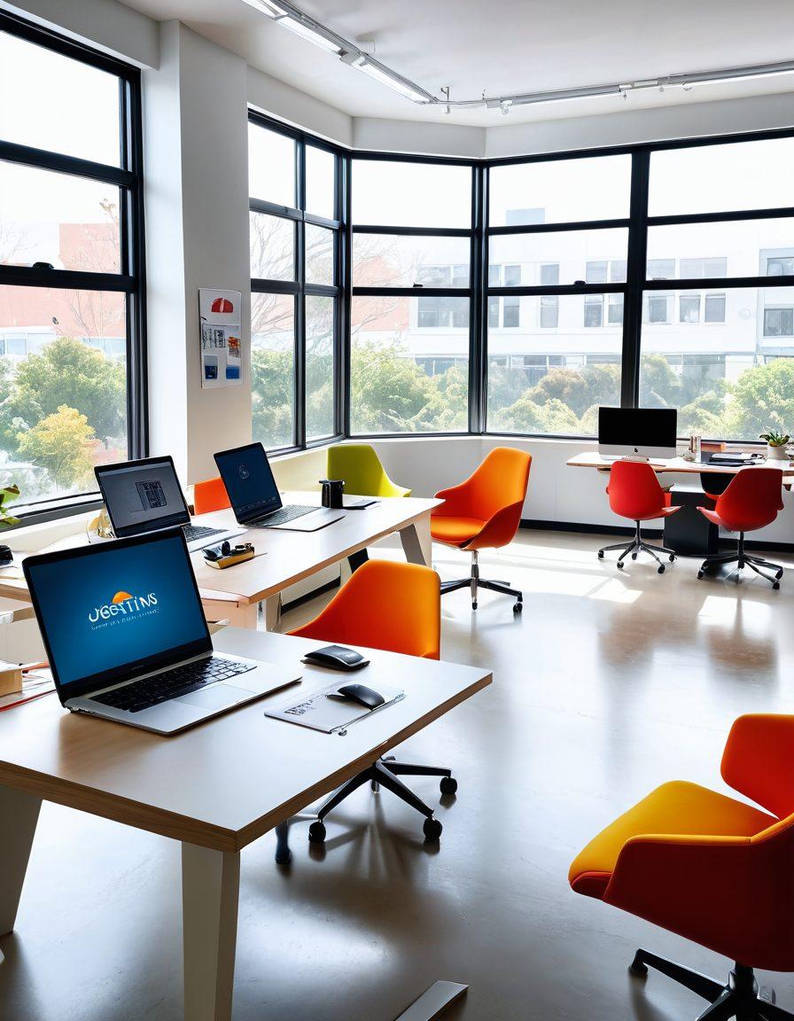A sleek, modern workspace showcasing creative brainstorming tools, colorful prototypes, and innovative tech gadgets illustrating the Jostins brand ethos. Surrounding elements include sketches of groundbreaking designs and a diverse team collaborating passionately. Light streaming through large windows adds a sense of warmth and inspiration. super-realistic. vibrant colors. white background.