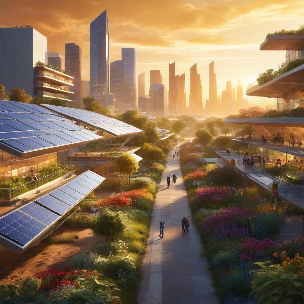 A futuristic cityscape showcasing advanced technologies like solar panels, smart transportation, and community gardens intertwined with nature. Diverse groups of people collaborating and benefiting from these innovations, with vibrant energy flowing through the scene. Soft, golden light to represent hope and progress. Dynamic and engaging atmosphere that highlights transformation and community impact. super-realistic. vibrant colors. 3D.